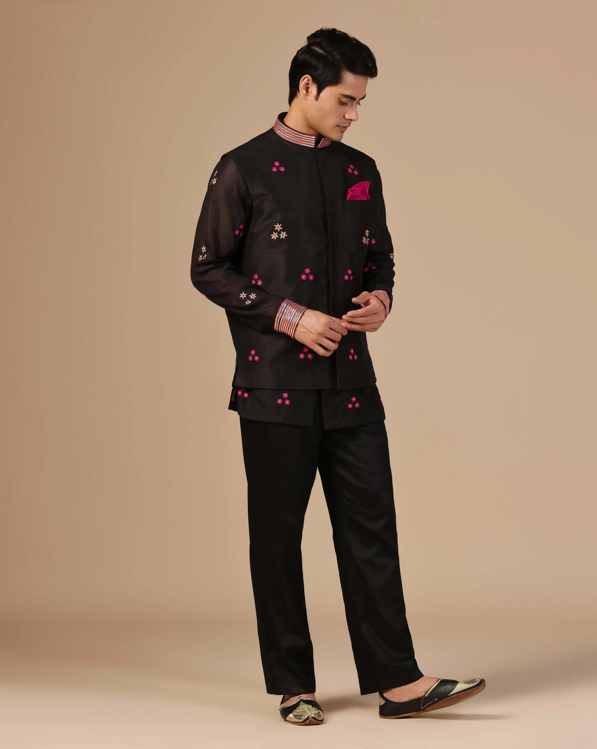 Traditional Black Chanderi Nehru Jacket With Short Kurta & Pants