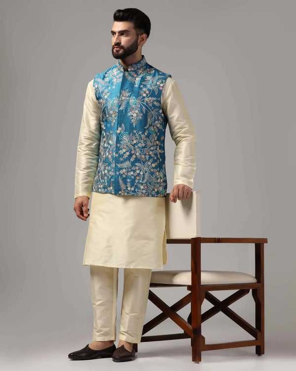 Men's Ethnic Cream Kurta Set With Blue Embroidered Nehru Jacket