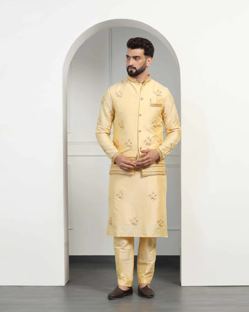 Monotone yellow mens kurta set with hand- embroidered bundi