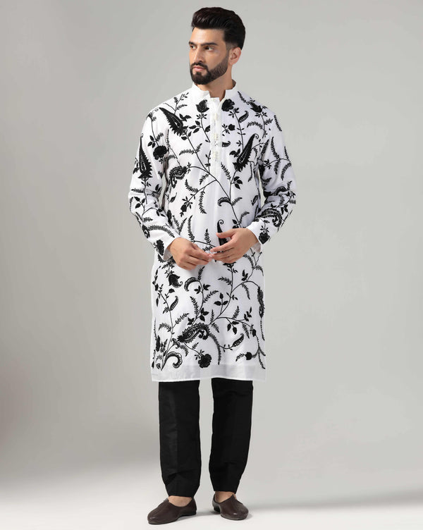 Classic Black & White Men's Chanderi Embroidered Kurta Set