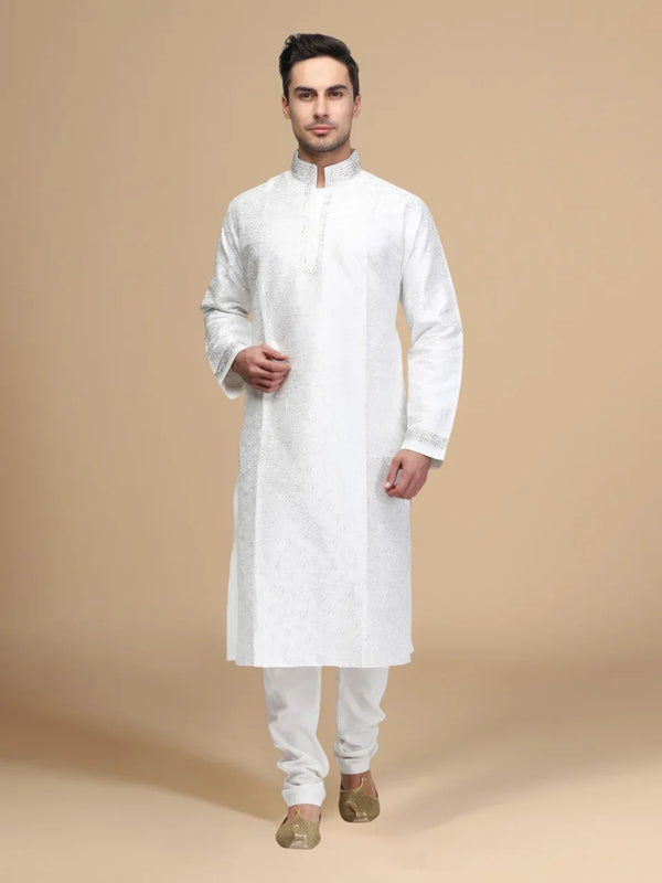 Elegant White Embroidered Men's Kurta Set