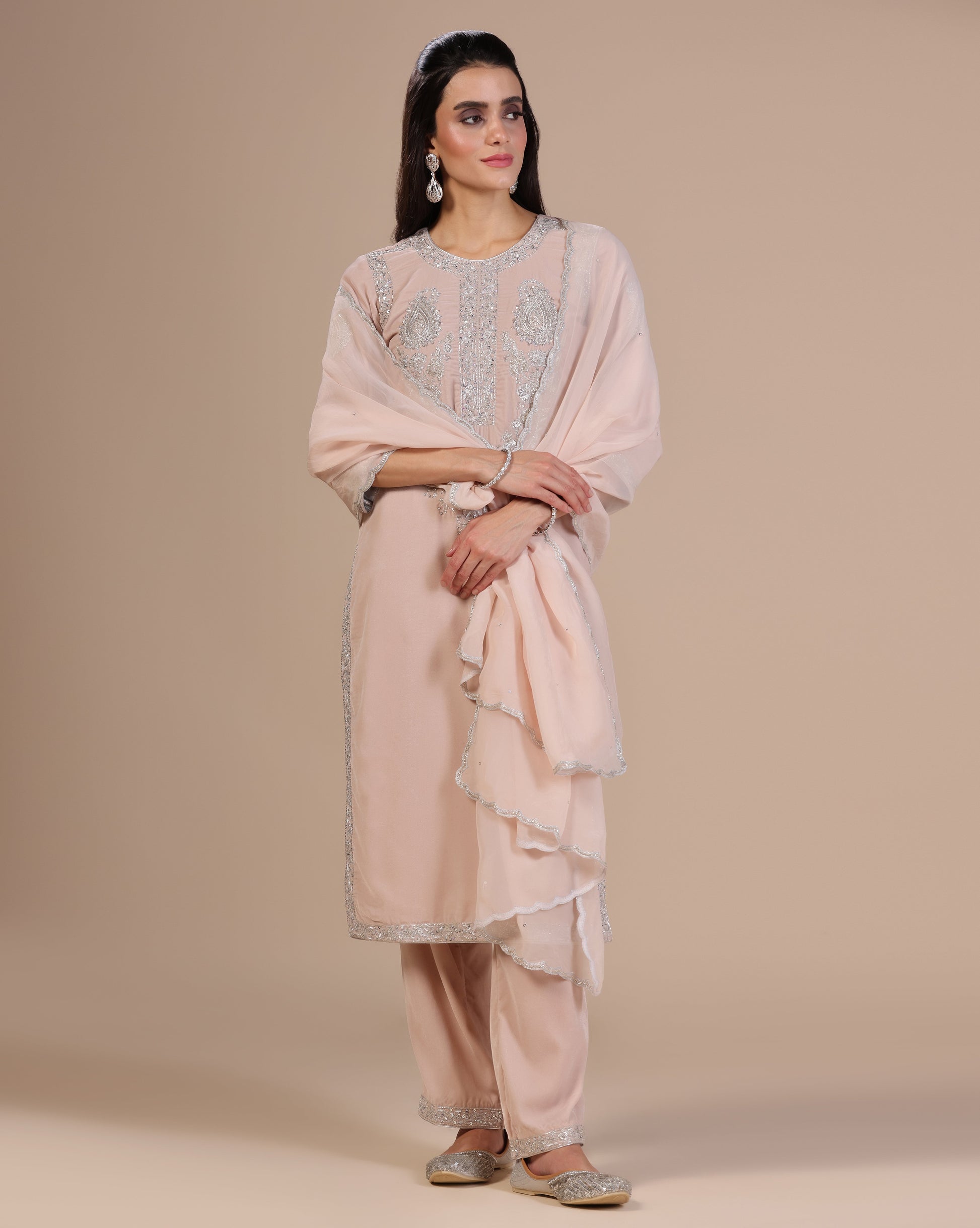 Velvet Blush Pink Embroidered Kurta Set