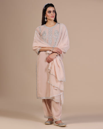 Velvet Blush Pink Embroidered Kurta Set