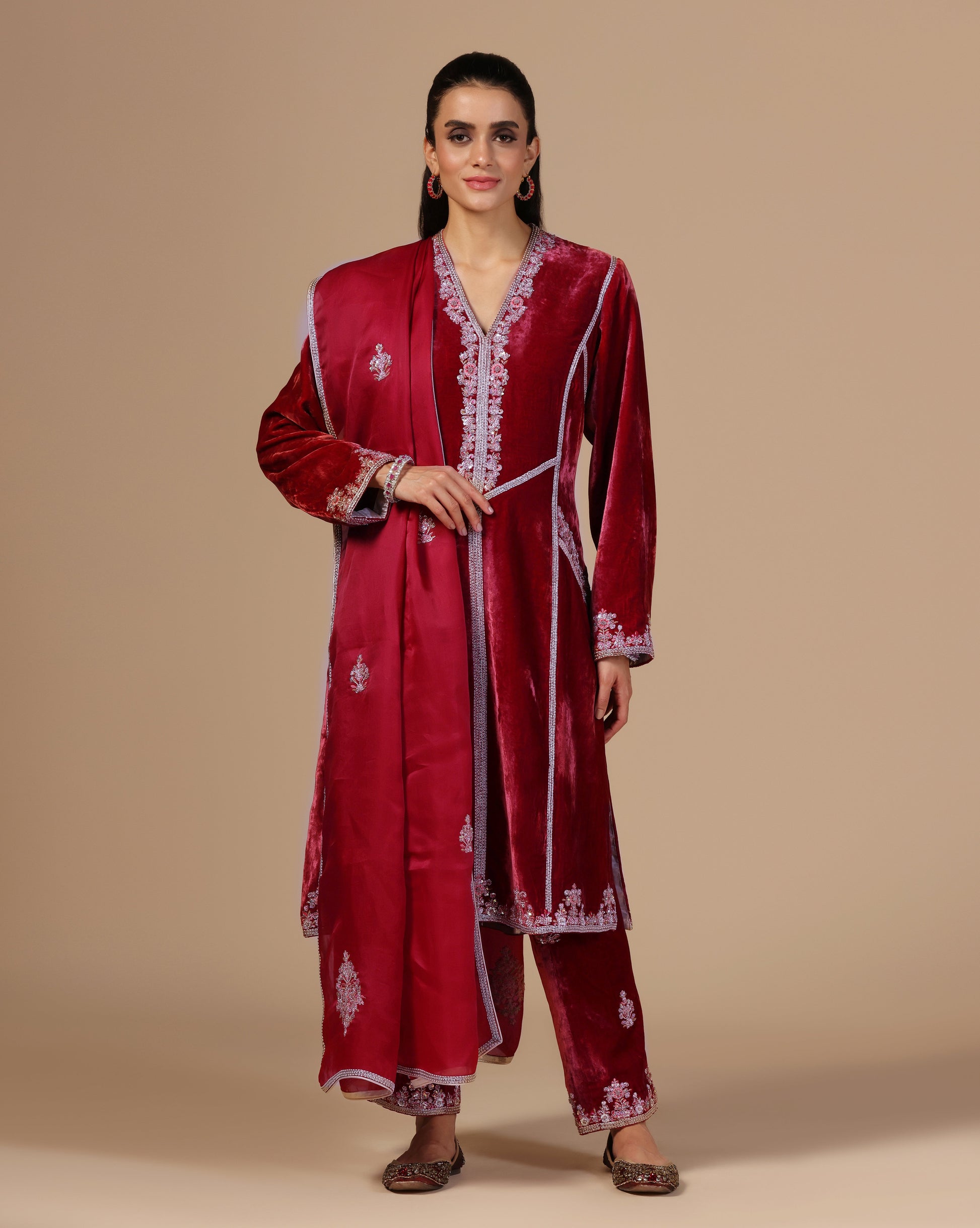 Maroon Red Velvet Embroidered Kurta Set