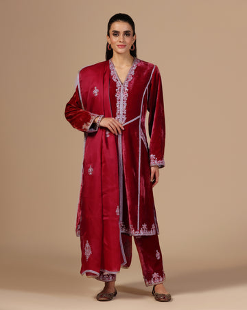 Maroon Red Velvet Embroidered Kurta Set