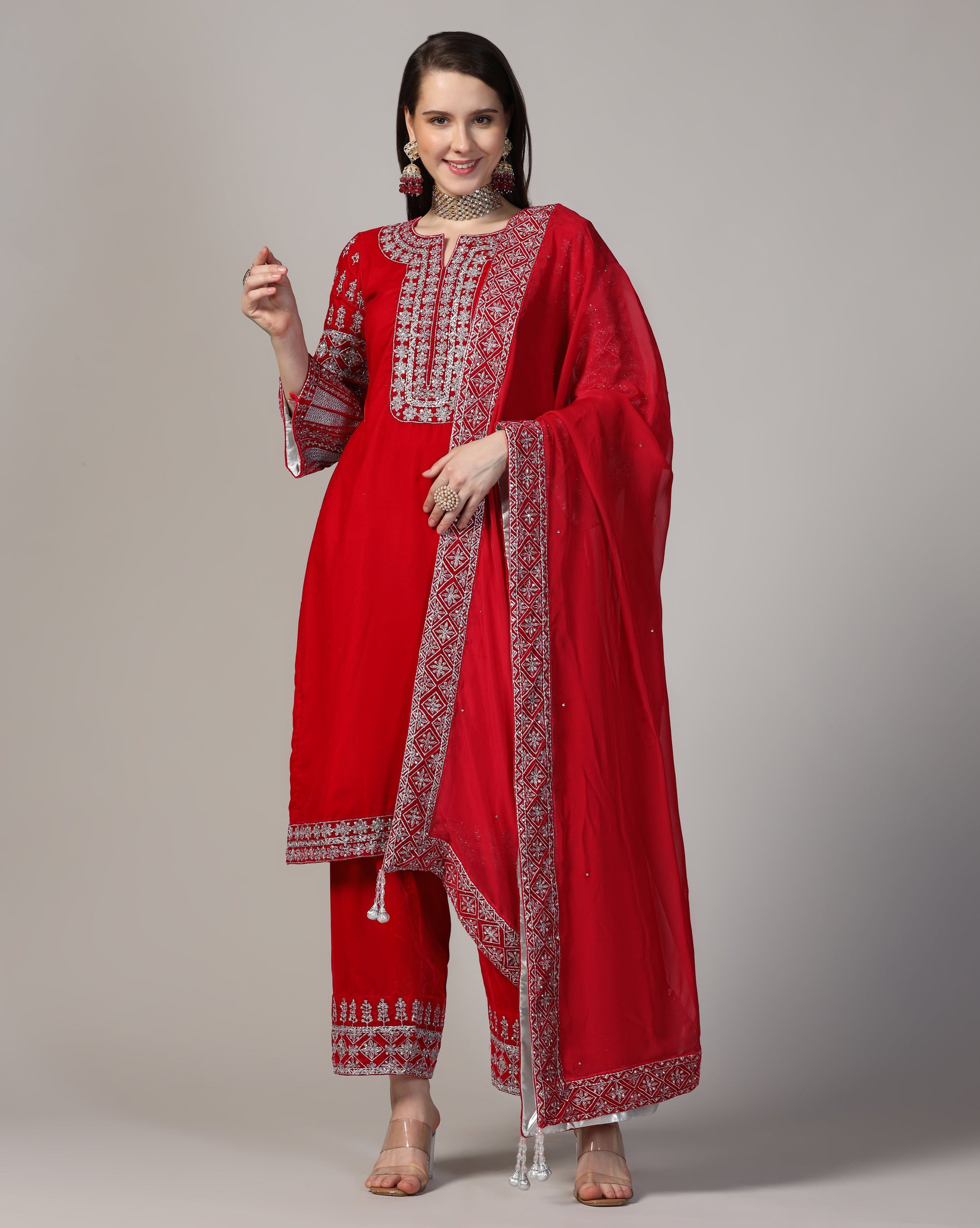 Velvet Hot Pink Silver Embroidered Kurta Set