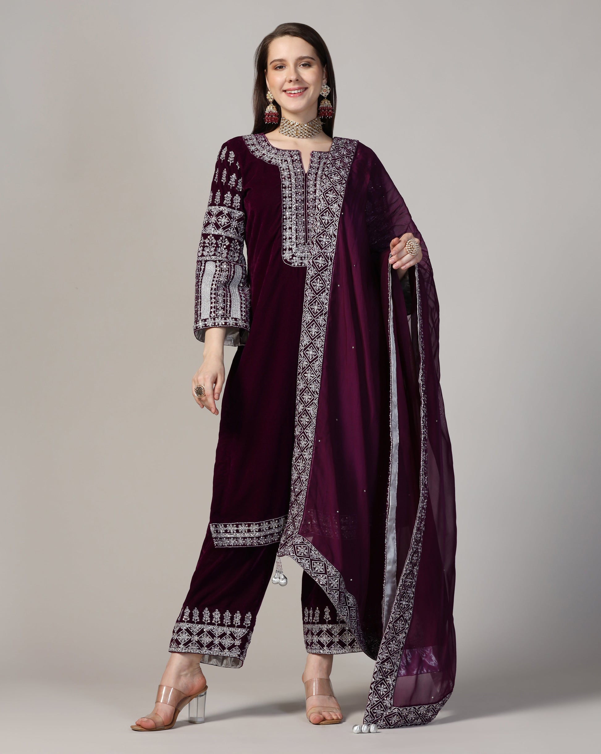 Velvet Royal Wine Silver Embroidered Kurta Set