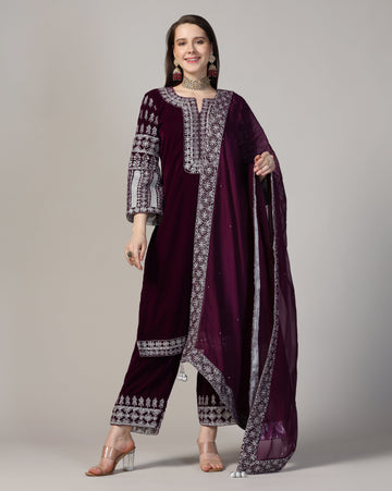 Velvet Royal Wine Silver Embroidered Kurta Set