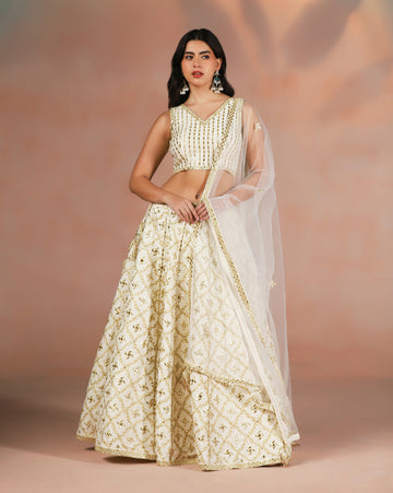 Ivory Dupion Silk Mirror Work Lehenga