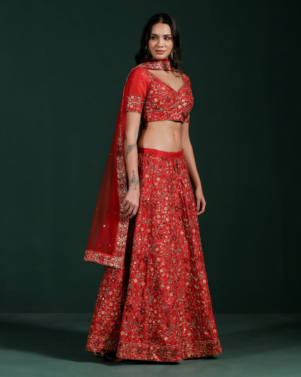 Dupion Silk Red Aari Embroidery Lehenga