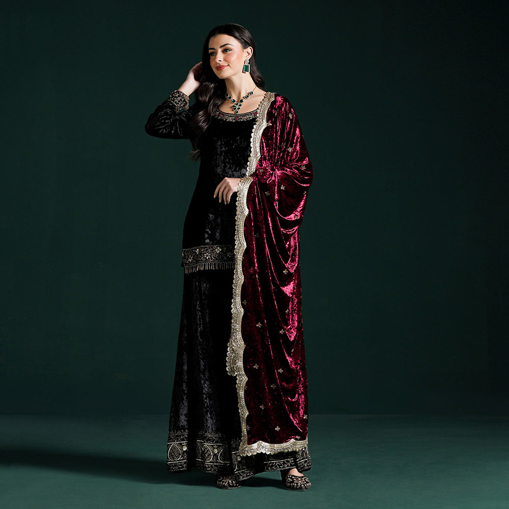 Velvet Black Maroon Kurta Sharara Set