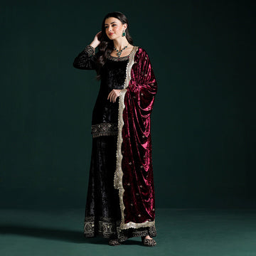 Velvet Black Maroon Kurta Sharara Set