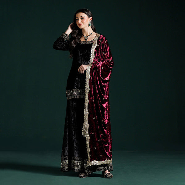 Velvet Black Maroon Kurta Sharara Set