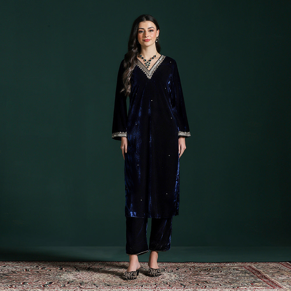 Velvet Blue Embroidered Kurta Set