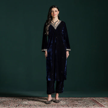 Velvet Blue Embroidered Kurta Set