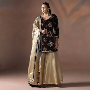 Velvet Maroon Gold Kurta Sharara Set