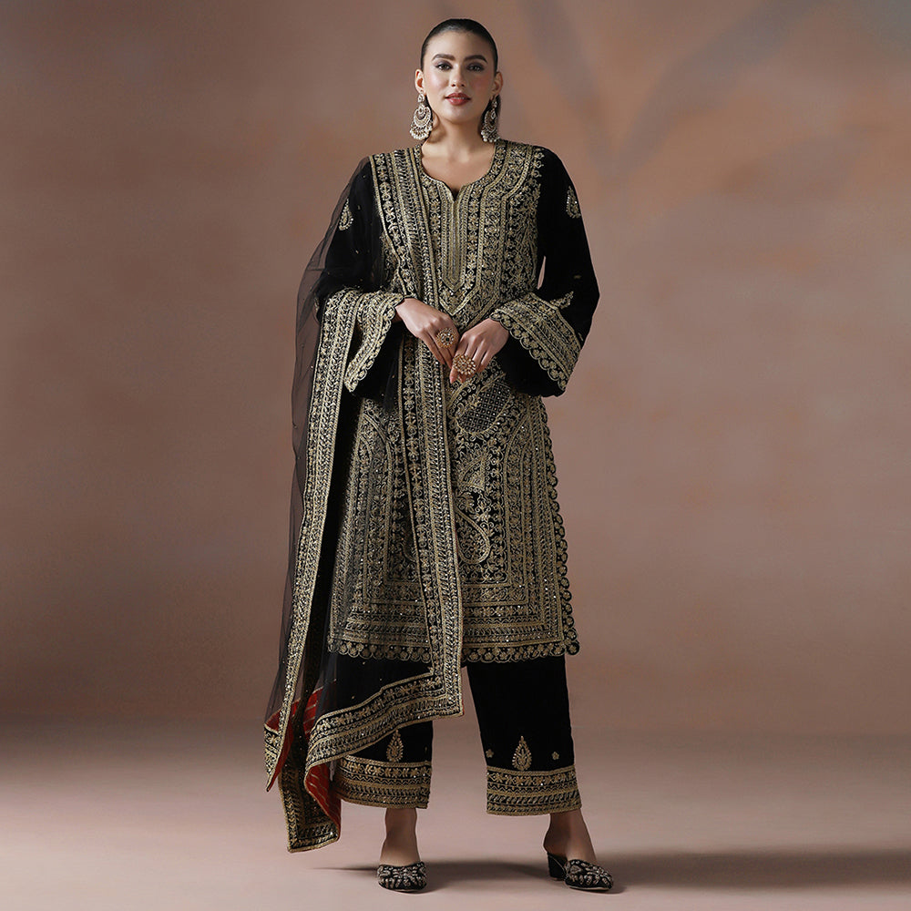 Black Velvet Dori Embroidered Kurta Set