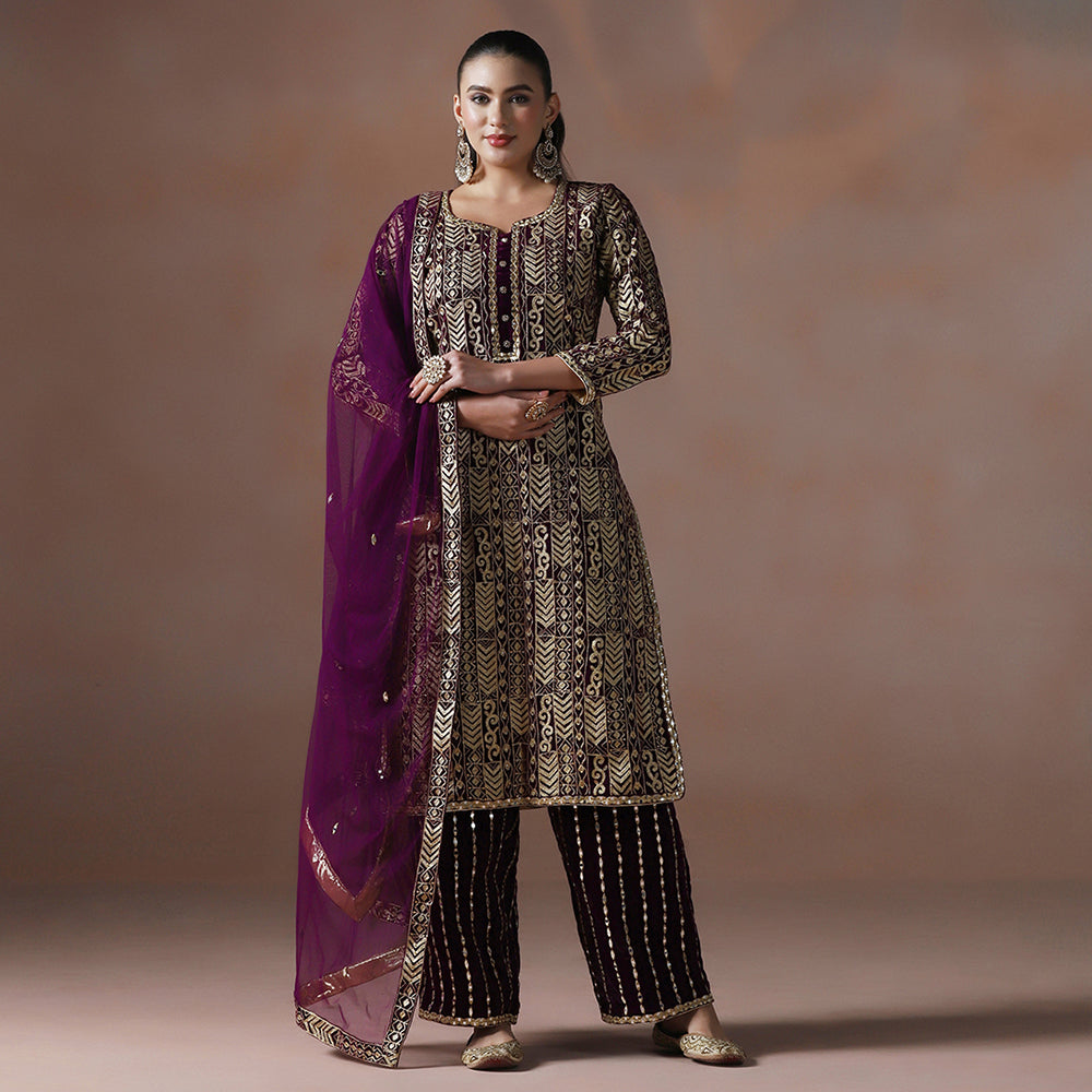 Wine Velvet Aari Mirror Embroidered Kurta Set