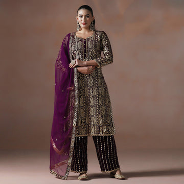 Wine Velvet Aari Mirror Embroidered Kurta Set