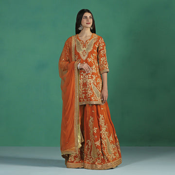 Velvet Orange Kurta Sharara Set