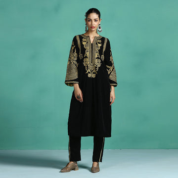 Black Velvet Embroidered Kurta Set