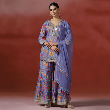 Printed Mirror Work Kurta with Sharara Set