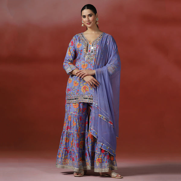 Printed Mirror Work Kurta with Sharara Set