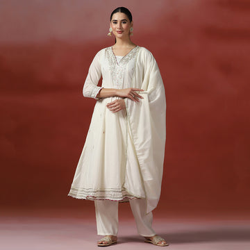 Elegant White Embroidered Gotta Anarkali Set