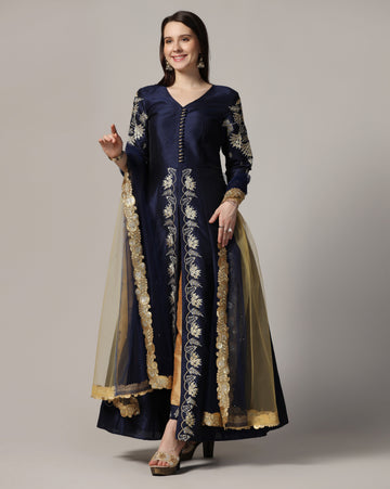 Blue Embroidered Front Slit Jacket With Pants & Dupatta