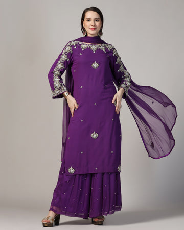 Hand Embroidered Purple Georgette Kurta With Sharara & Dupatta