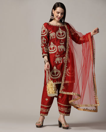 Maroon Aari Embroidered Kurta Set With Dupatta