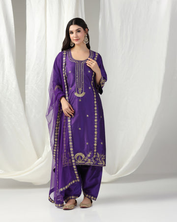 Purple Dori Embroidery Kurta Set with Dupatta