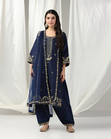 Dark Blue Dori Embroidery Kurta Set with Dupatta