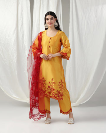 Bright Yellow Aari Embroidery Kurta Set With Dupatta
