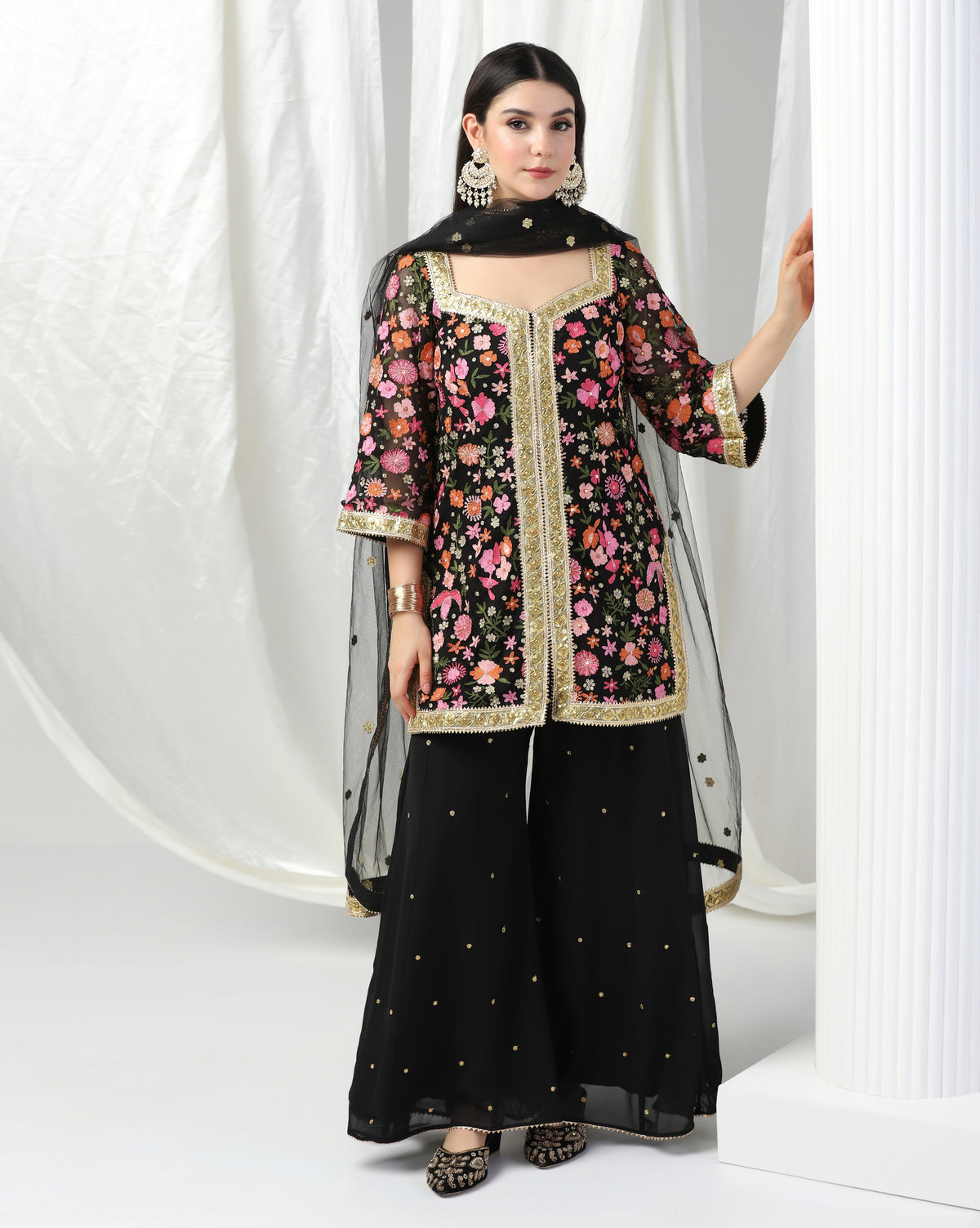 Multi Color Embroidered Kurta With Sharara & Dupatta