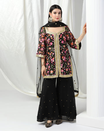 Multi Color Embroidered Kurta With Sharara & Dupatta