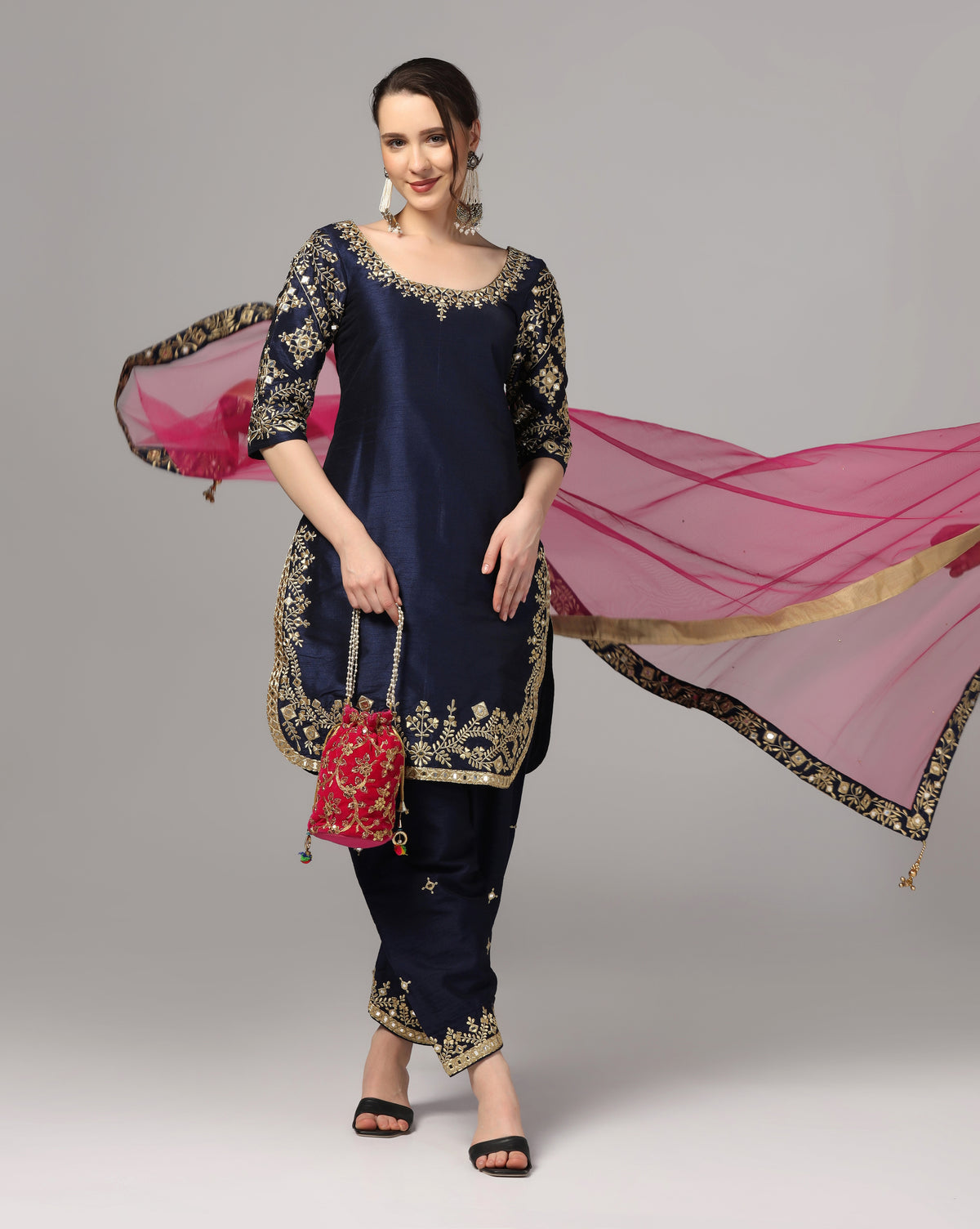Blue Dupion Silk Suit With Blue Dupatta Zari Thread & Mirror Work.