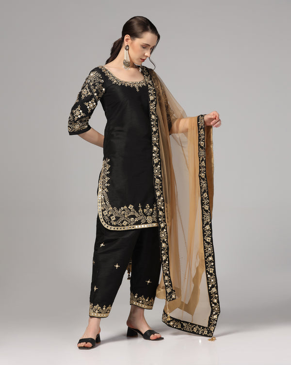 Black Dupion Silk Suit With Beige Dupatta Zari Thread & Mirror Work.