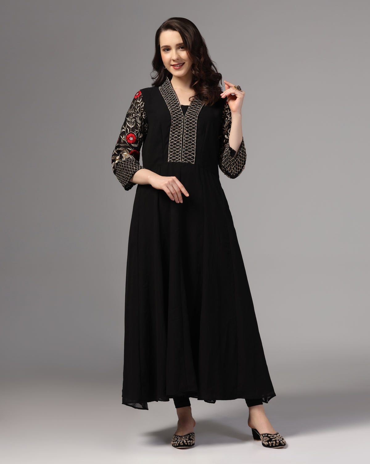 Georgette Black Embroidered Long Kurti