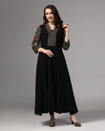Georgette Black Embroidered Long kurti