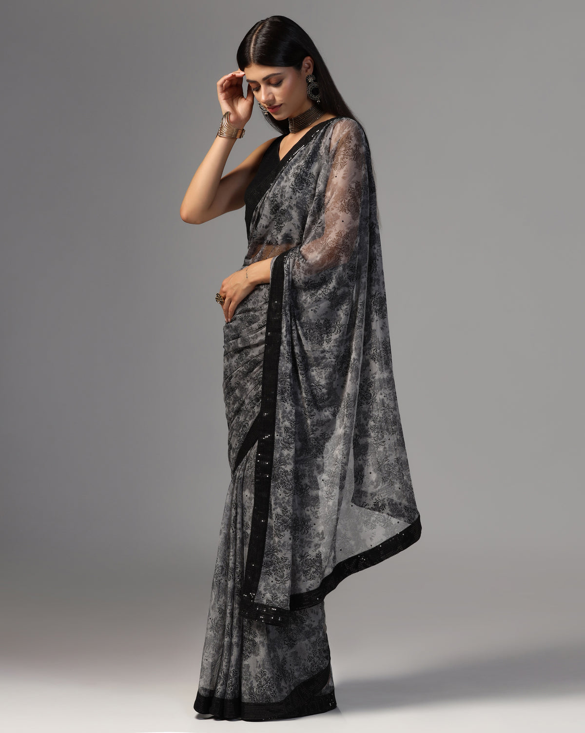 Printed Net Sequin Border Saree