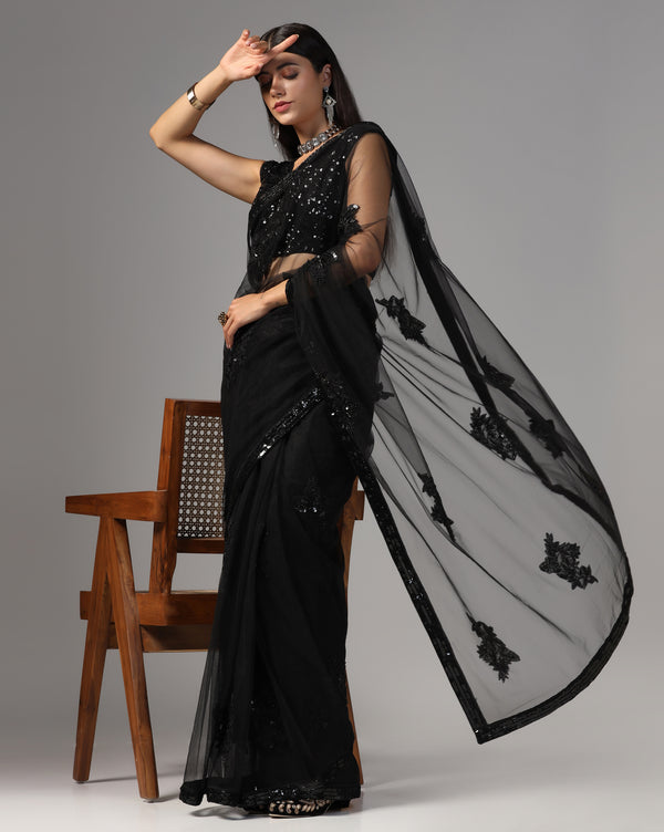Black Net Hand Embroidered Saree