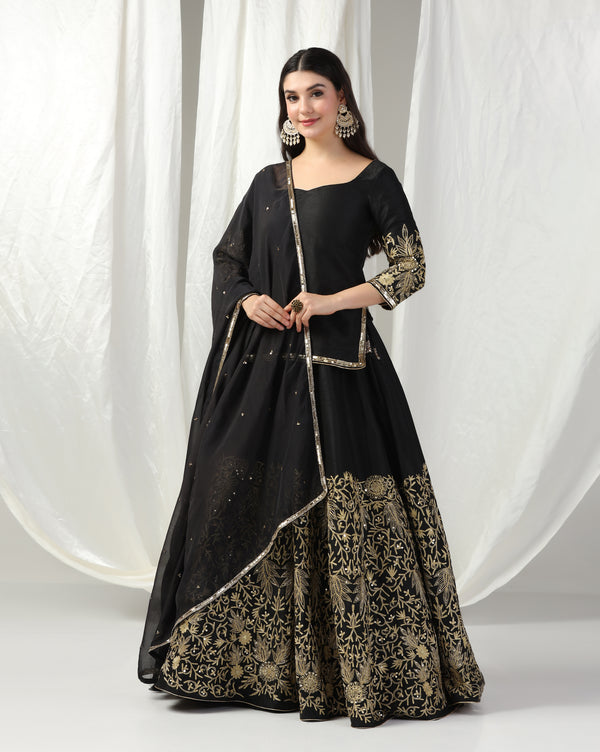 Black Gold Aari Embroidered Lehenga
