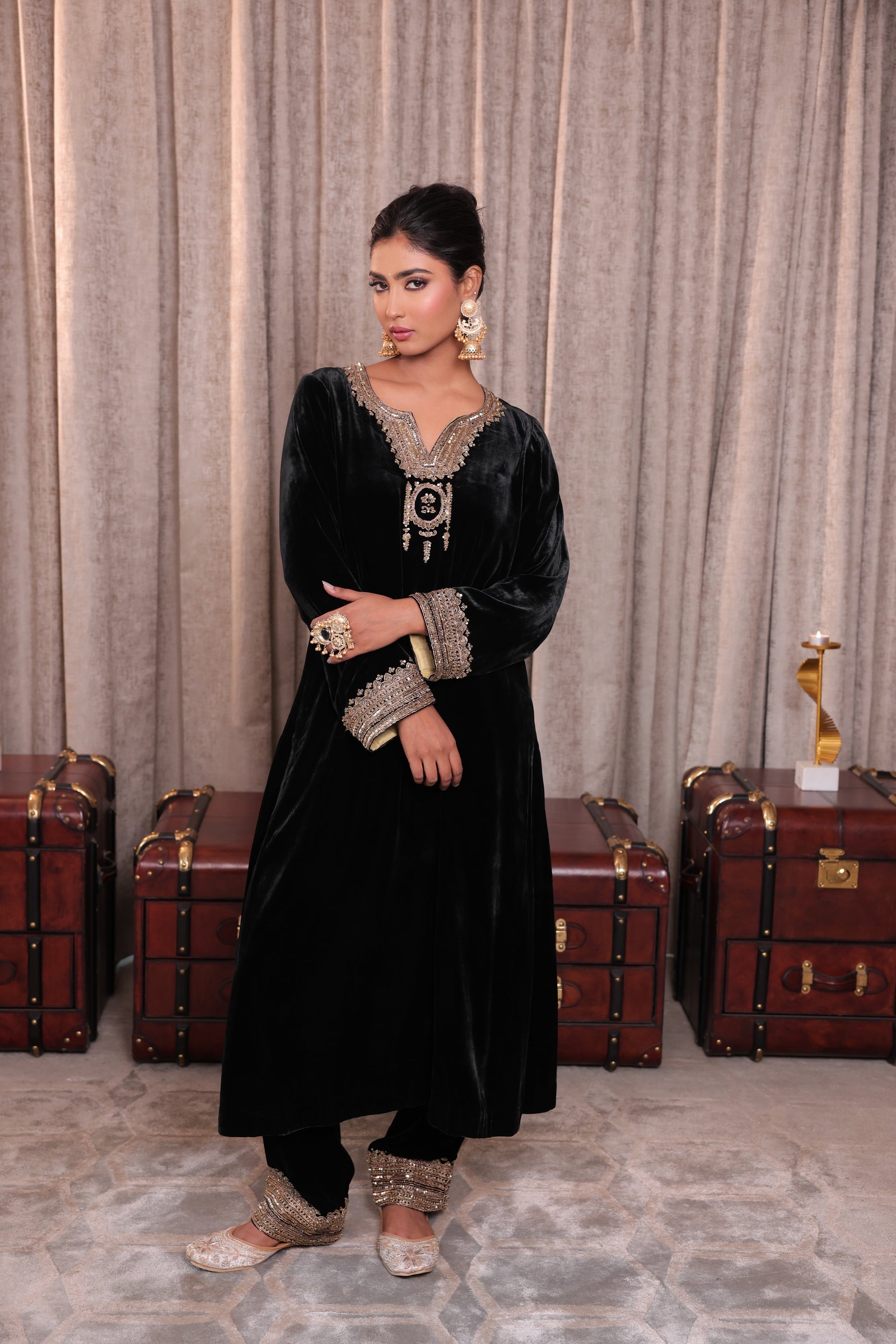 Classic Black Velvet Embroidered Kurta Set