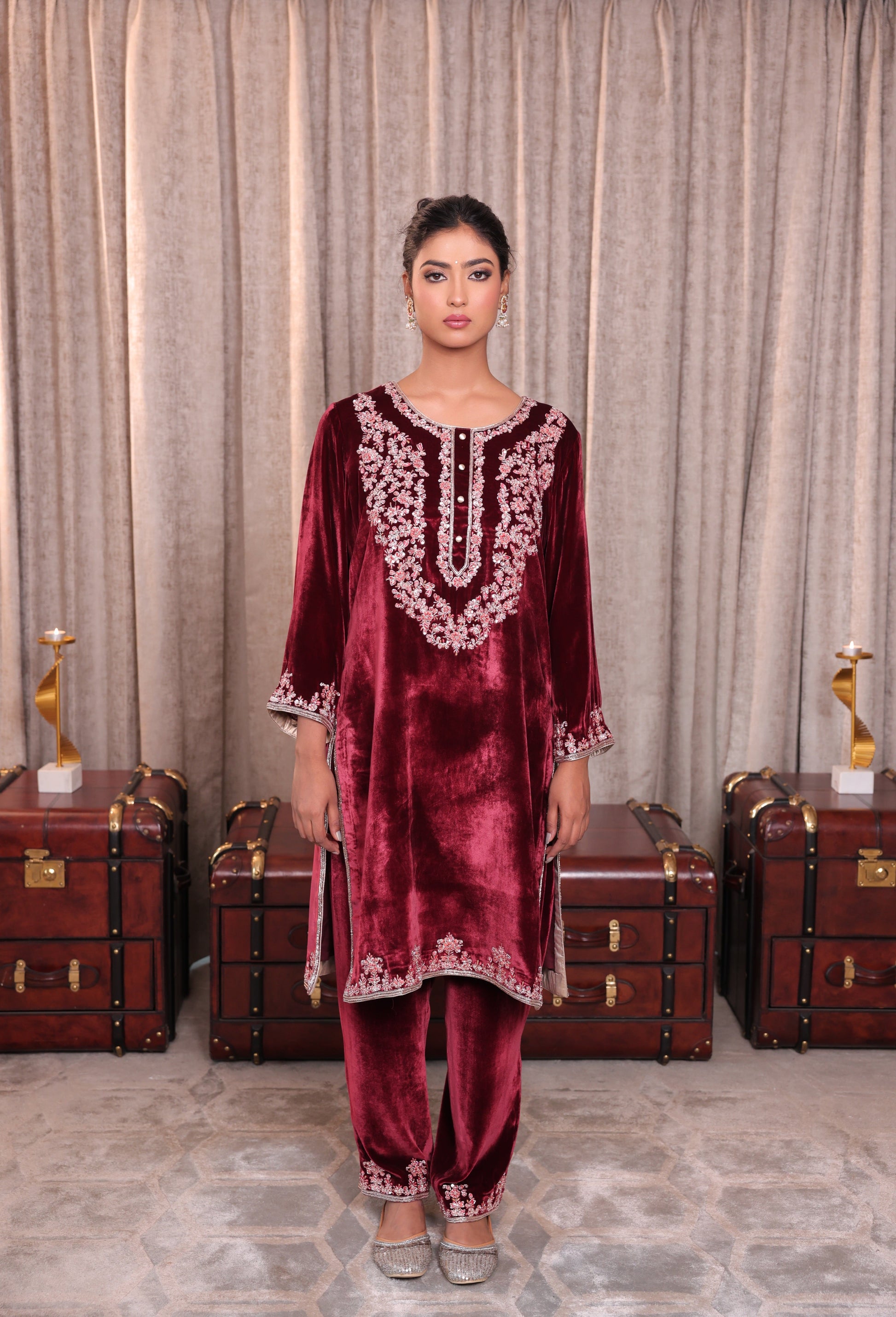Classic Burgundy Embroidered Velevet Kurta Set