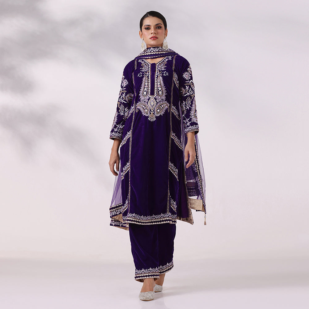 Purple Thread Embroidered Kurta Set