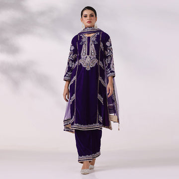 Purple Thread Embroidered Kurta Set
