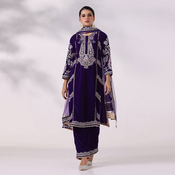 Purple Thread Embroidered Kurta Set