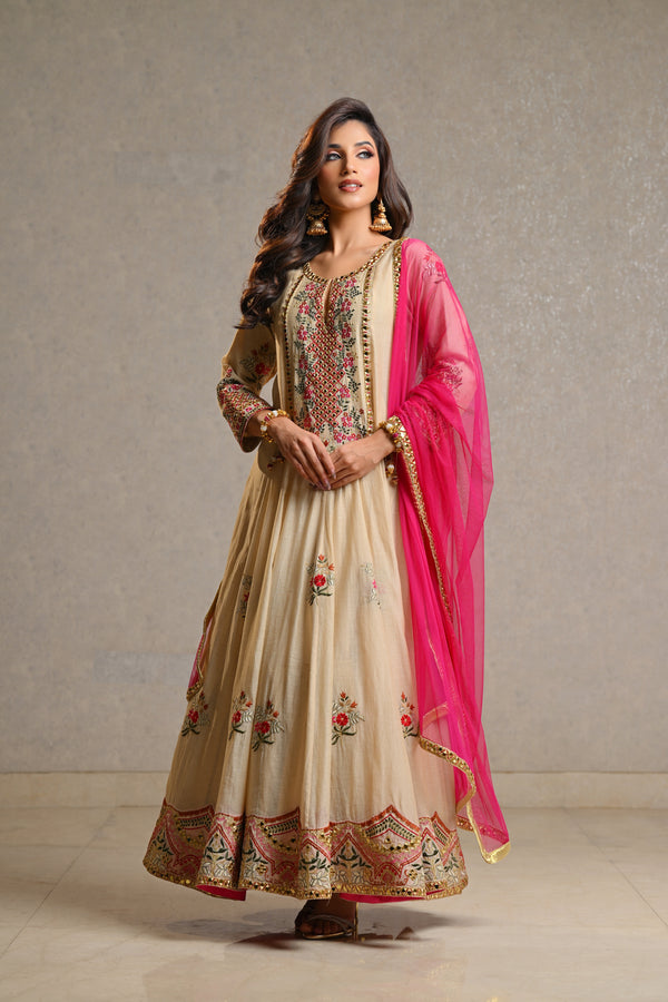 Elegant Ivory Beige Embroidered Anarkali Set
