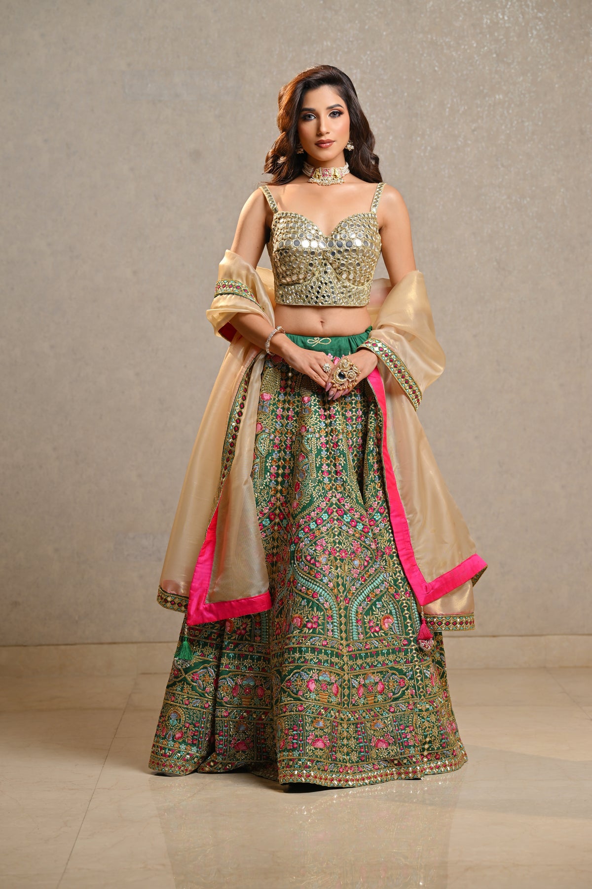 Emerald Green Embroidered Lehenga Set